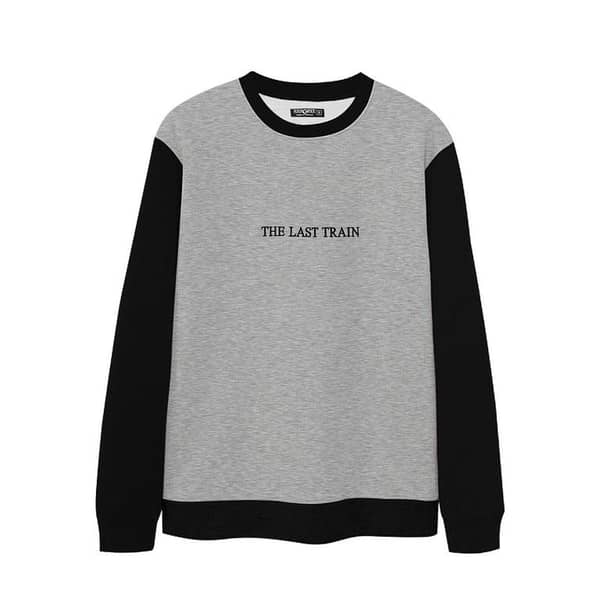 Contrast Sleeves "The Last Train" Emb, Sweat Shirt - Gray Black