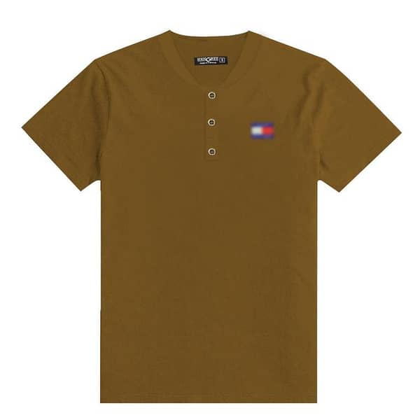 Men's Emb. Ban Collar Henley Polo Shirt -   Medium Brown