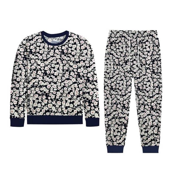 Girl's Allover Floral Printed Fleece Twin Set - Navy