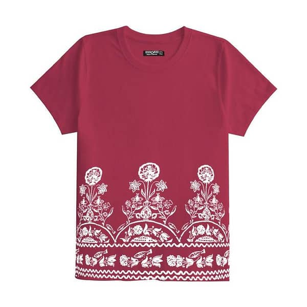 Women Floral Printed Tee Shirt - Burgundy