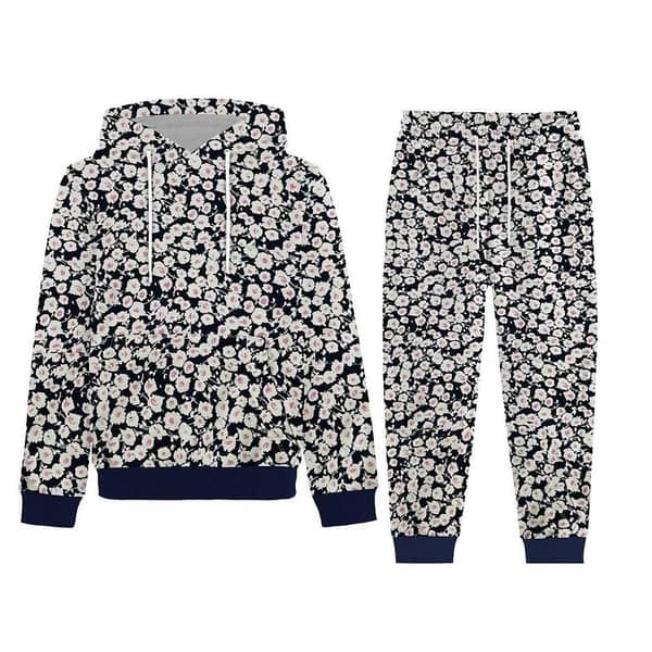 Girl's Allover Floral Printed Fleece Hoodie Twin Set - Navy
