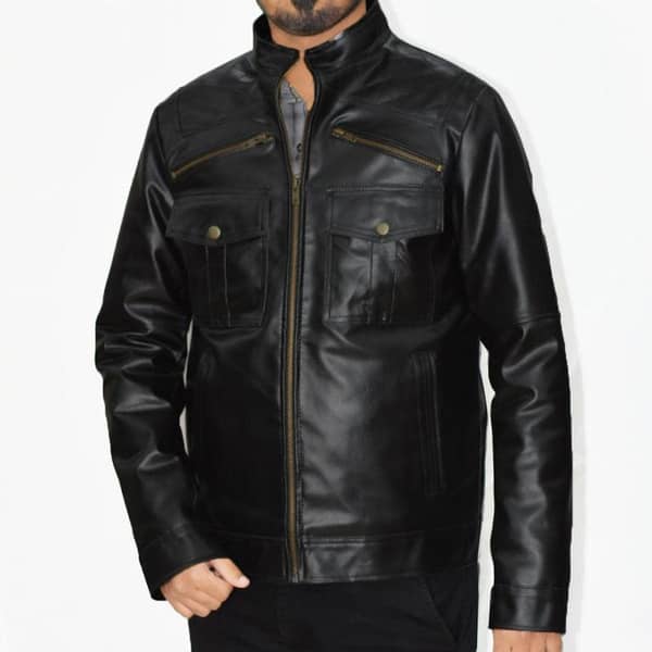 Men Double Pocket Fashion PU Leather Jacket