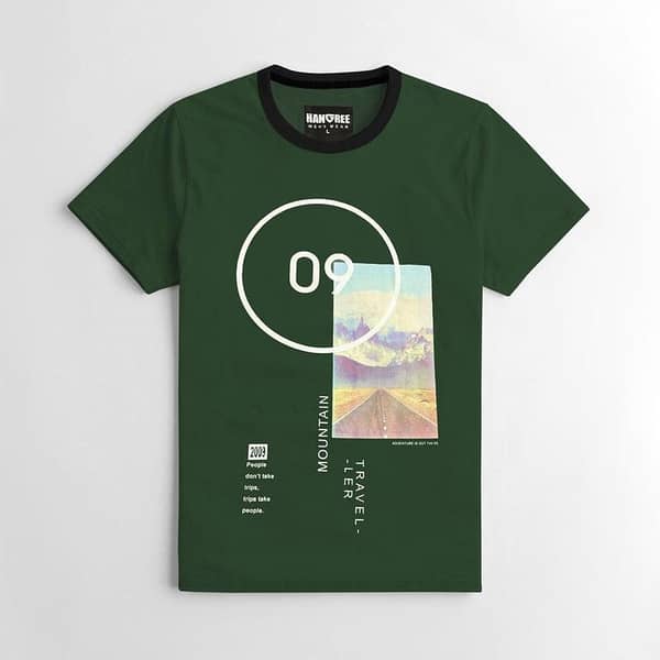 Bottle Green Graphic Printed Men Tee Shirt