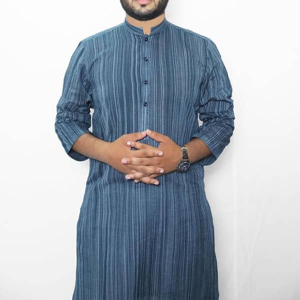 MENS NAVY LINING KHADDI COTTON KURTA