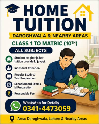 Home Tutor Available – Class 1 to Matric (All Subjects)