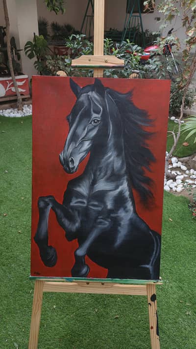 Black horse with red background