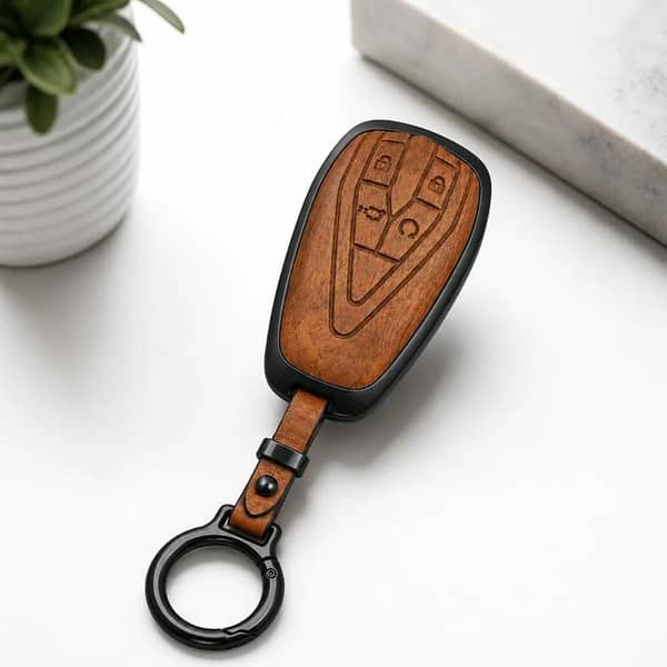 Changan Oshan X7 Premium Wooden Pattern Metal Key Cover With Keychain | Car Key Protector Case