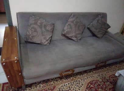Beautiful Grey sofa cum bed with 3 Cushions_Excellent Condition