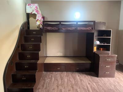 Solid Wooden Bunk Bed Set with Storage Drawers & Wardrobe