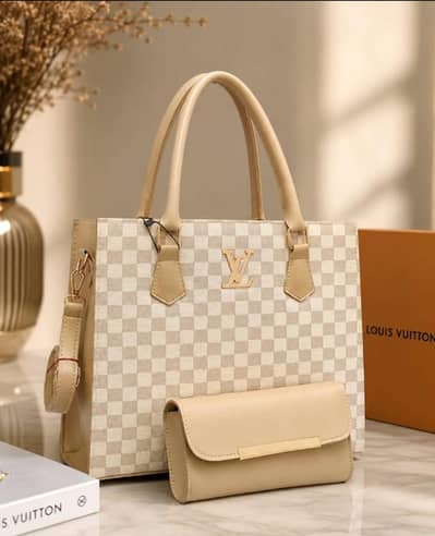 Stylish LV Beige Checkered Handbag with Matching Pouch Set – Brand New