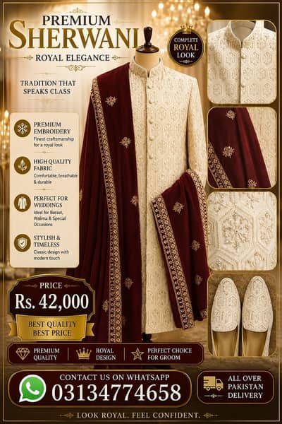 Premium Embroidered Sherwani with Royal Maroon Shawl | Rs. 42,000