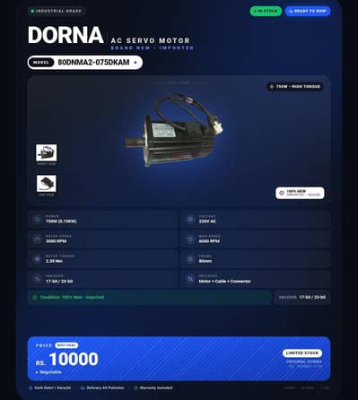 Dorna AC Servo Motor (Model: 80DNMA2-0D75DKAM)0.75kW (750W) motor.