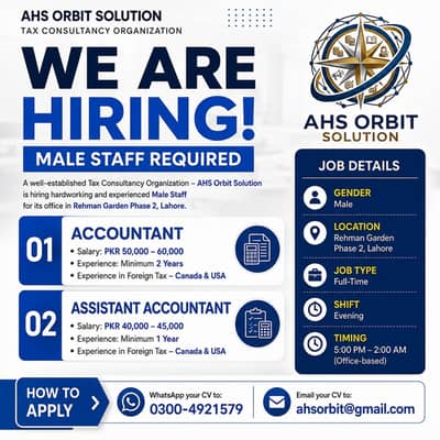 Male Accountant & Assistant Accountant Required – Lahore | Evening Shi