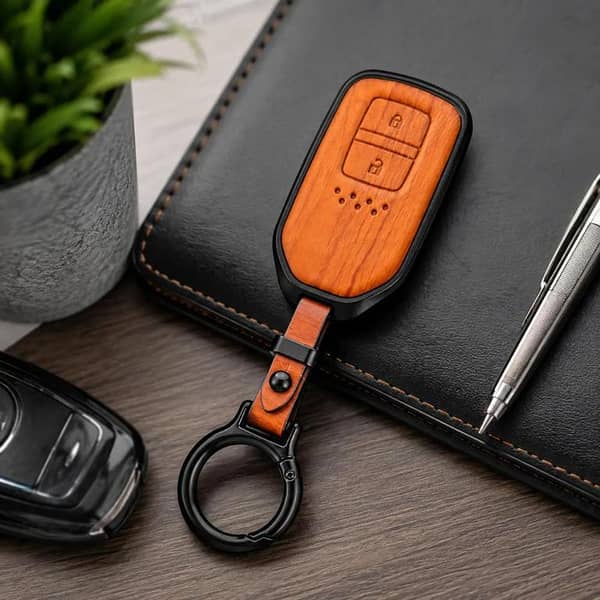 Honda Vezel Premium Wooden Pattern Metal Key Cover with Keychain | Car Key Protector Case