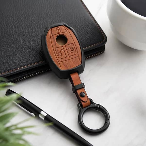 Mercedes Benz Premium Wooden Pattern Metal Key Cover with Keychain | Luxury Car Key Case Protector