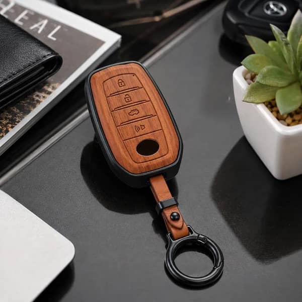 Toyota Fortuner 4 Button Key Cover Premium Wooden Pattern Metal Key Case with Leather Keychain
