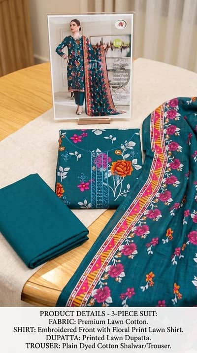 ​Premium 3-Piece Lawn Embroidered Unstitched Suit - Teal Green