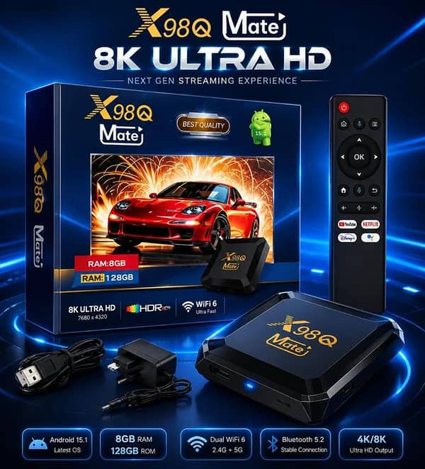 X98Q Mate Android TV Box 8GB RAM 128GB ROM | 8K Ultra HD | Android 15.1 | Dual WiFi 2.4G+5G | Smart TV Box | Netflix YouTube Disney+ Support | HDR | High Speed Streaming Device