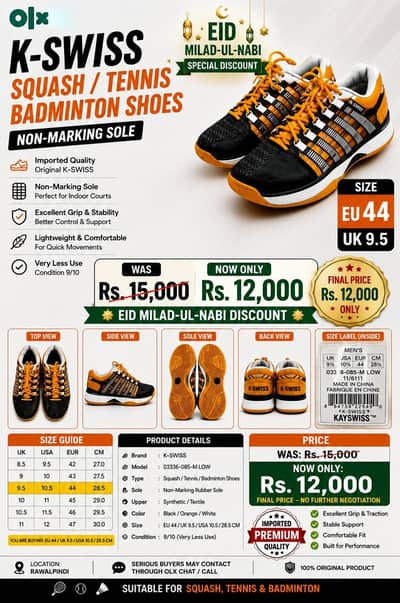 Original K-SWISS Tennis Squash Shoes EU 44 UK 9.5 Non Marking