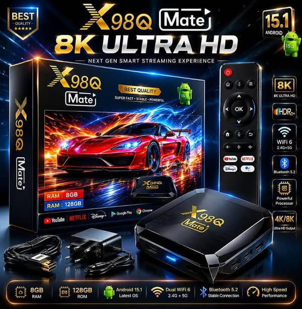 X98Q Mate Android TV Box 8GB RAM 128GB ROM | 8K Ultra HD | Android 15.1 | Dual WiFi 2.4G+5G | Smart TV Box | Netflix YouTube Disney+ Support | HDR | High Speed Streaming Device