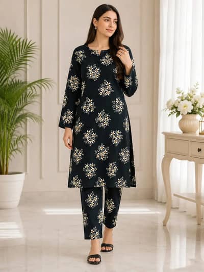 Elegant 2 Pcs Women's Unstitched Printed Polo Cotton Suit - Black
