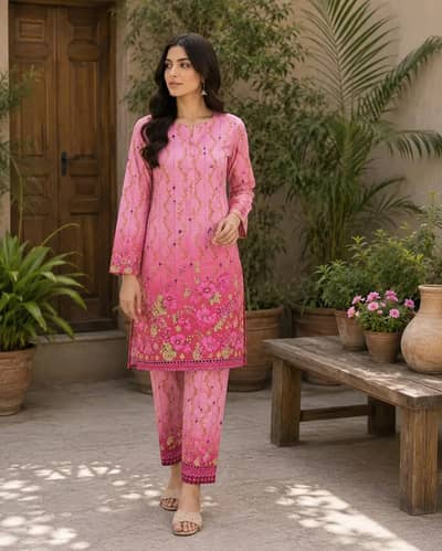 Khaadi Style Premium 2 Pcs Women's Unstitched Printed Suit - Pink