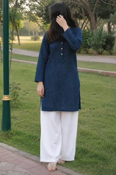 Navy Blue Striped Salwar Kameez Set 