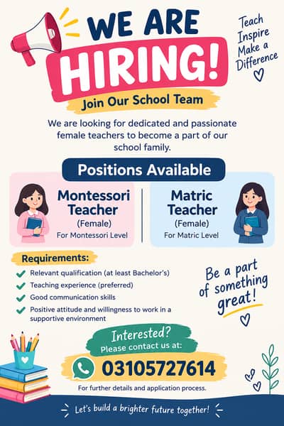 2 Female  teacher required  in dhoke kala khan