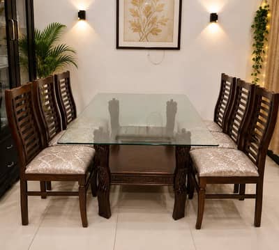 Elegant Wooden Dining Table – 6 Seater | Glass Top | Solid Wood