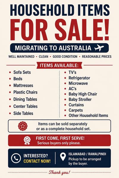HOUSEHOLD ITEMS FOR SALE – MIGRATING TO AUSTRALIA