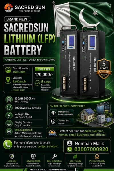 Brand New Sacred Sun 48V 100AH Lithium ion (LFP) Batteries for sale