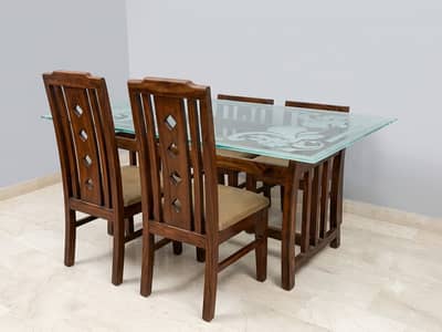 6-Seater Solid Wood Dining Table Set with Heavy Glass Top