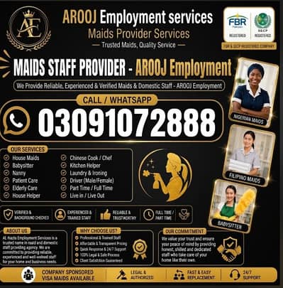 Maids / House Maids / cook / House chef / Baby Sitter maid available