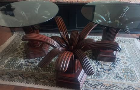 Wooden center and side tables with glass top
