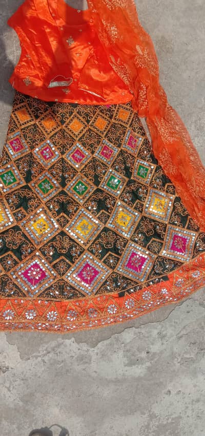 Fancy Bridal/Wedding Lehenga | Heavy Mirror Work | Orange & Green