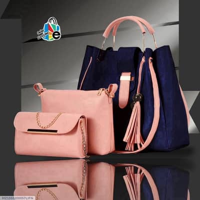 3 piece woman  Rexine hand bag set navy pink gold hardware