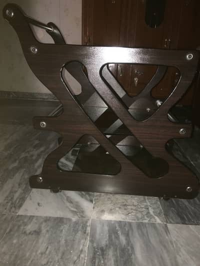 Tea trolley with 3 glass shelves, caster wheels, and steel handle