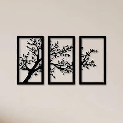 wooden modern tree wall art set black Laser cut 3pcs