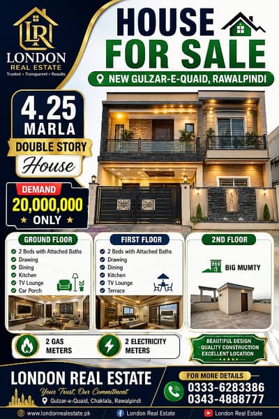 HOUSE FOR SALE NEW GULZAR-E-QUAID 4.25 Marla Double Story House  New Gulzar-e-Quaid, Rawalpindi Ground Floor 2 Bedrooms with Attached Baths Drawing & Dining Kitchen TV Lounge   HOUSE FOR SALE NEW GULZAR-E-QUAID