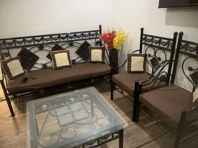 Elegant 5-Seater Iron Sofa Set with Glass Table