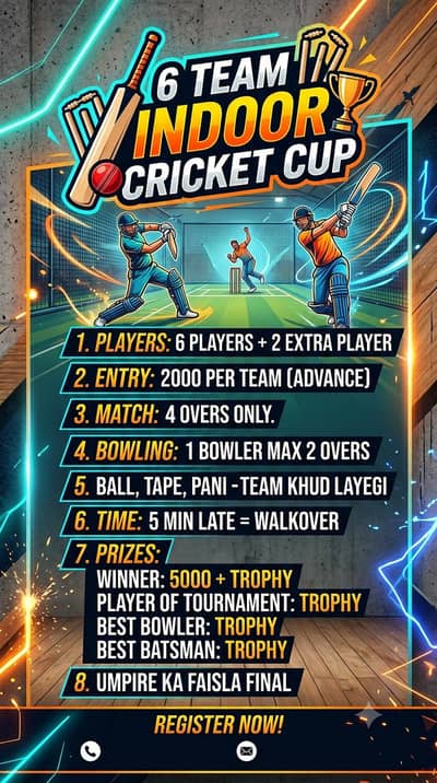 6 team indoor cricket tournament