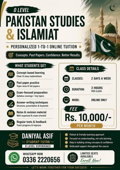 O'LEVELS PST AND ISLAMIYAT 1 ON 1 TUITION