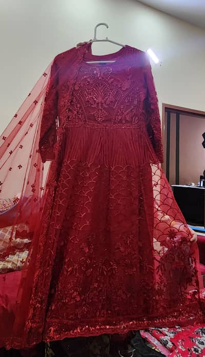 Fancy Red Embroided Red Maxi Dress with Dupatta and Trouser