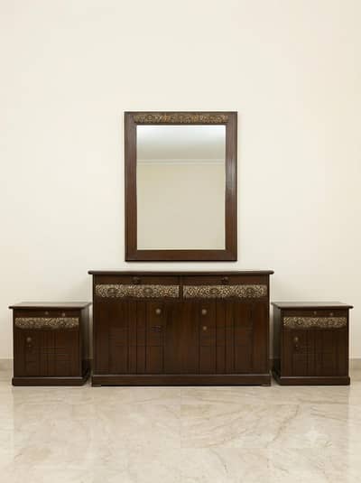 Wooden Dressing Table Set with Mirror & Side Tables (Solid Wood)