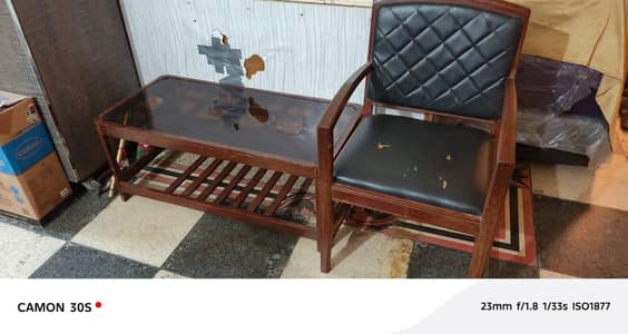 2 Chairs wood leather back seat 1 Table glass wood