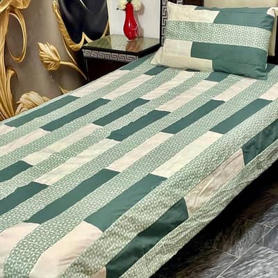 Single Bed Sheet Cotton Patchwork Bed Set Green Cream 90x60