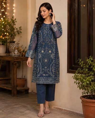 Heavy Embroidered Navy Blue Formal Shirt