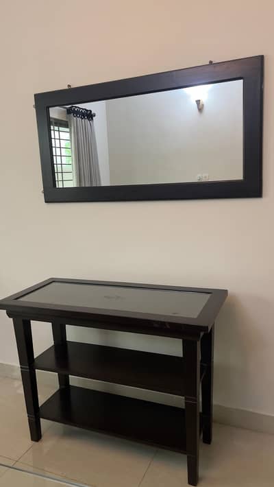 pure wooden sheeshum console with glass top and mirror