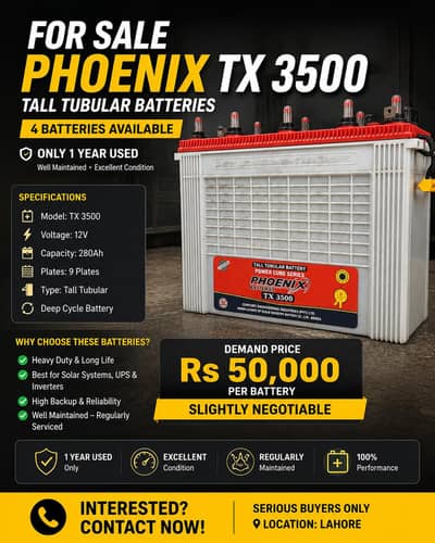 Phoenix TX 3500 Tall Tubular Batteries — 4 Available (read description