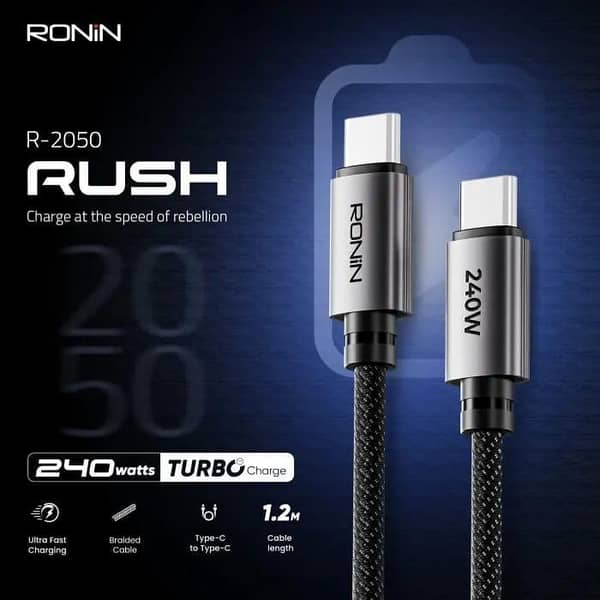 Ronin RUSH R-2050 Type-C to Type-C Cable 240W Turbo Fast Charging | 1.2M Braided USB-C Cable with E-Marker Smart Chip | Durable & Tangle-Free Charging Cable for Phones, Tablets & Laptops